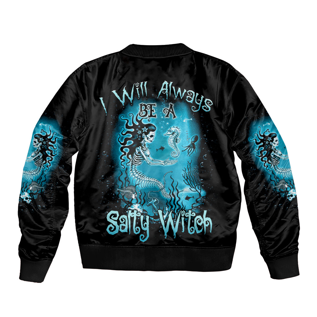 Black satin bomber jacket with blue ocean witch graphic and 'Salty Witch' text on back