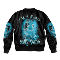 Black satin bomber jacket with blue ocean witch graphic and 'Salty Witch' text on back