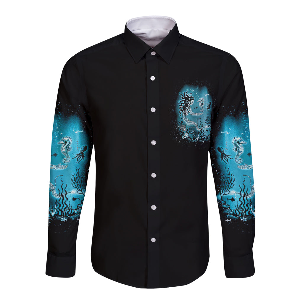 Black long-sleeve button-up shirt with blue sea-creature sleeve print and chest graphic