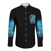 Black long-sleeve button-up shirt with blue sea-creature sleeve print and chest graphic