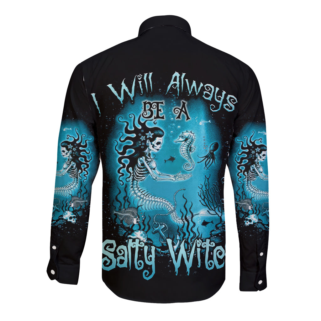 Black long-sleeve button-up shirt with blue mermaid back graphic and lettering