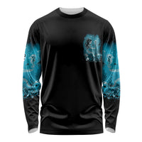 Long-sleeve Halloween shirt, black with turquoise mermaid witch art on chest and sleeves