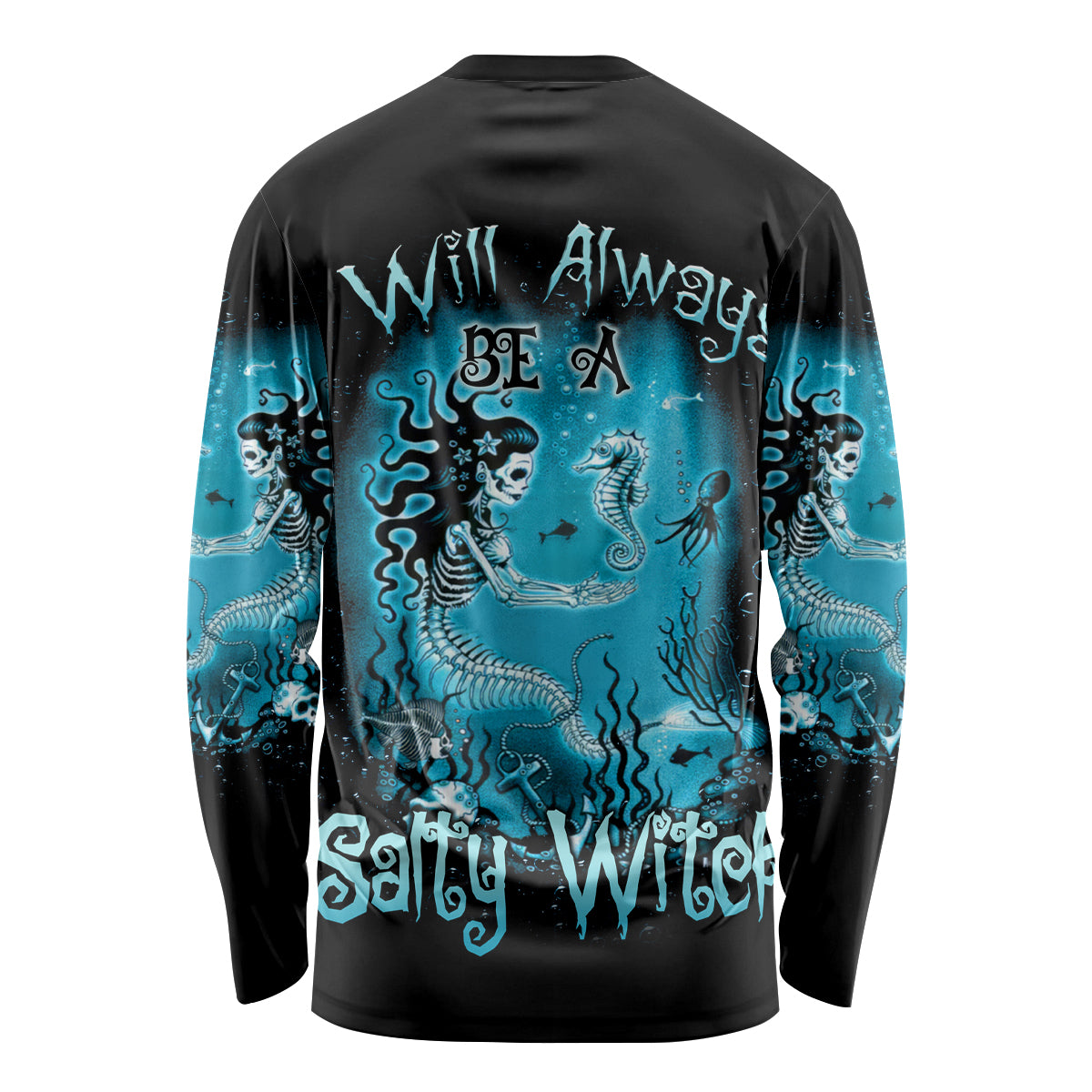 Long-sleeve Halloween shirt, black with turquoise mermaid witch graphic and text