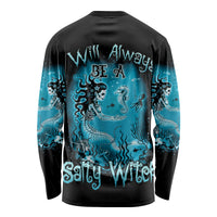 Long-sleeve Halloween shirt, black with turquoise mermaid witch graphic and text