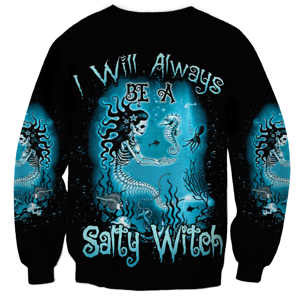 Black unisex crewneck sweatshirt with blue mermaid skeleton and “Salty Witch” graphic