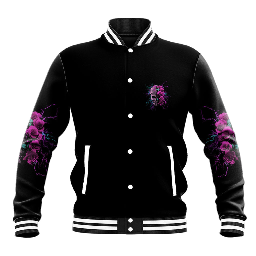 Black baseball jacket with front rose skull chest graphic and striped ribbed collar/cuffs