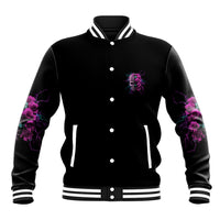 Black baseball jacket with front rose skull chest graphic and striped ribbed collar/cuffs