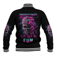 Black baseball jacket with rose skull graphic on back and ribbed striped collar/cuffs
