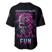 Black baseball jersey with purple rose skull graphic and neon text on back