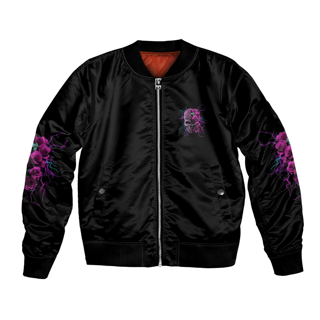 Black bomber jacket with front rose skull embroidery, zipper, and pink accents on sleeves