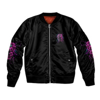 Black bomber jacket with front rose skull embroidery, zipper, and pink accents on sleeves