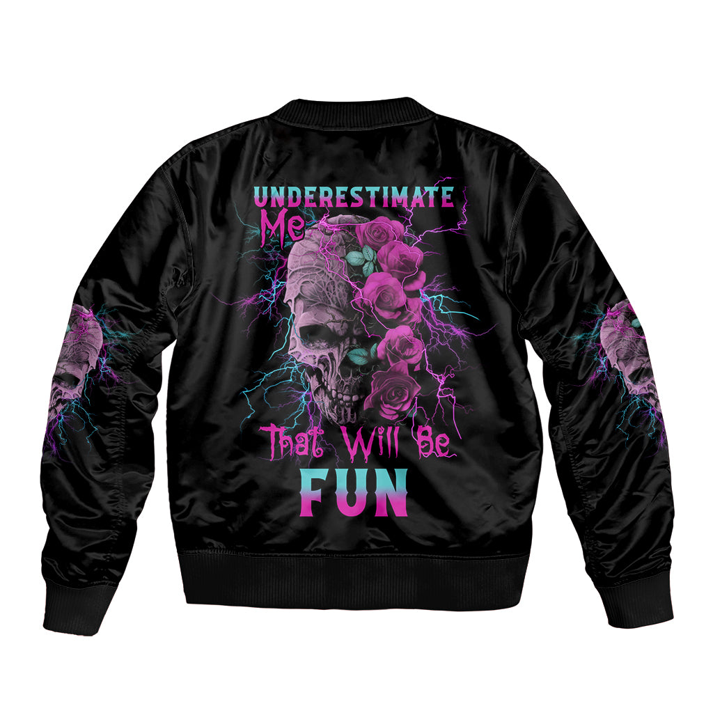 Black satin bomber jacket with back rose skull graphic and pink lettering