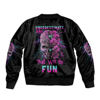 Black satin bomber jacket with back rose skull graphic and pink lettering