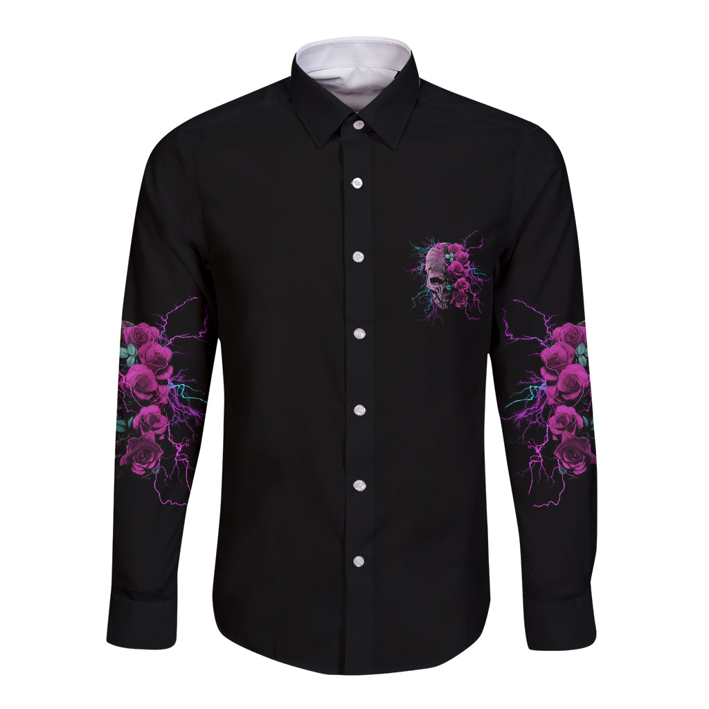 Black long-sleeve button shirt, front small rose skull graphic and purple sleeve artwork
