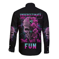 Black long-sleeve button shirt, back graphic with roses, skull, and neon text