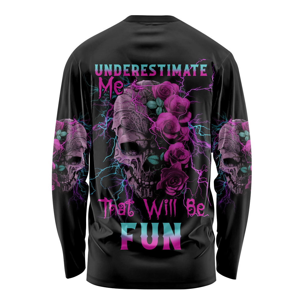 Black long-sleeve shirt with purple rose and skull graphic on back