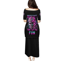 Black long dress with purple rose skull graphic, short sleeves and back text print