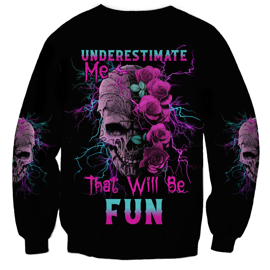 Black unisex sweatshirt with purple-pink rose skull graphic and multicolor text on front