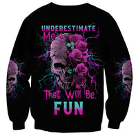 Black unisex sweatshirt with purple-pink rose skull graphic and multicolor text on front
