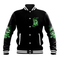 Black baseball jacket front with green skull chest print and striped ribbed hem cuffs