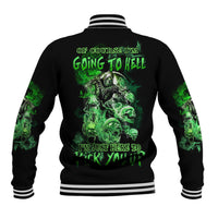 Black baseball jacket with green skull graphic on back and striped ribbed collar cuffs
