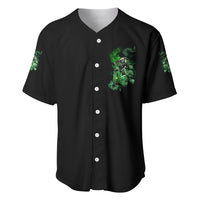 Black skull baseball jersey with green chest graphic and white button-front placket