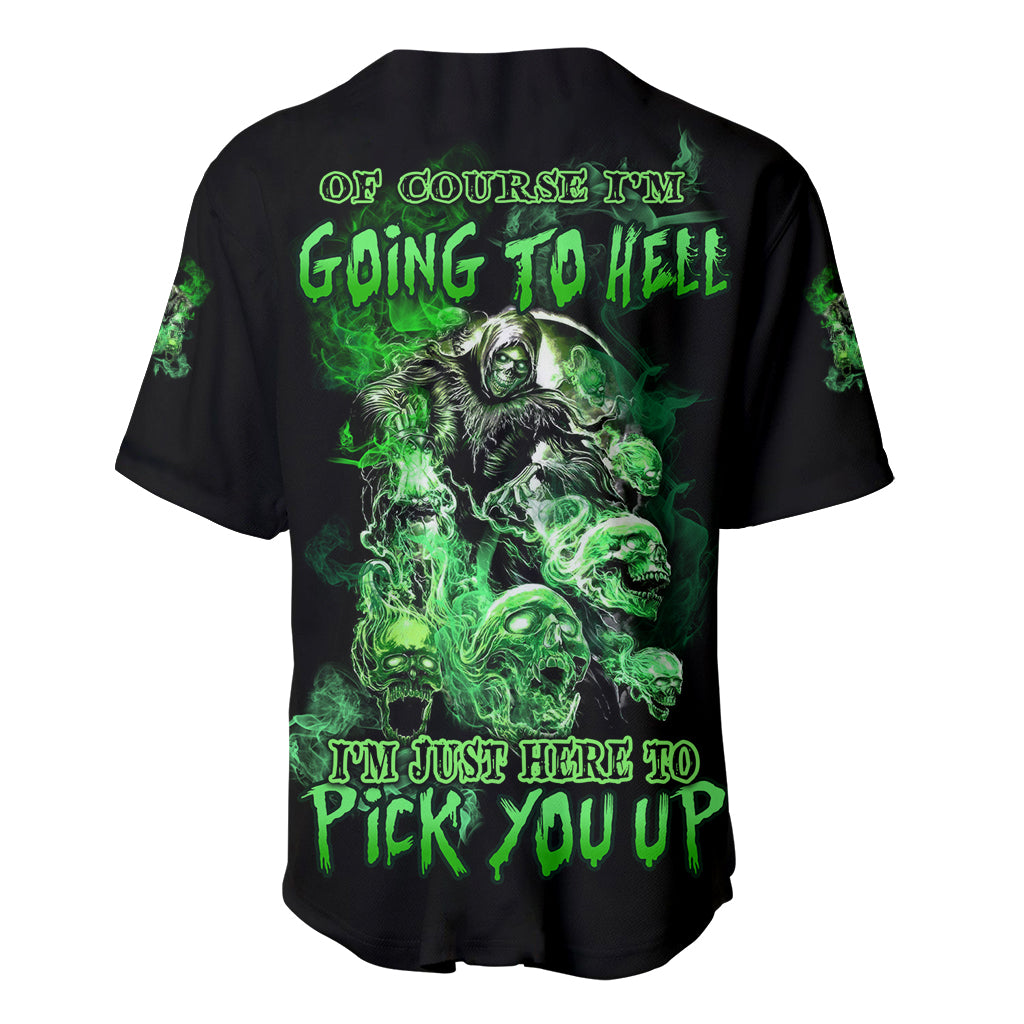 Skull baseball jersey in black with green graphic and flame-like lettering on back