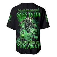 Skull baseball jersey in black with green graphic and flame-like lettering on back