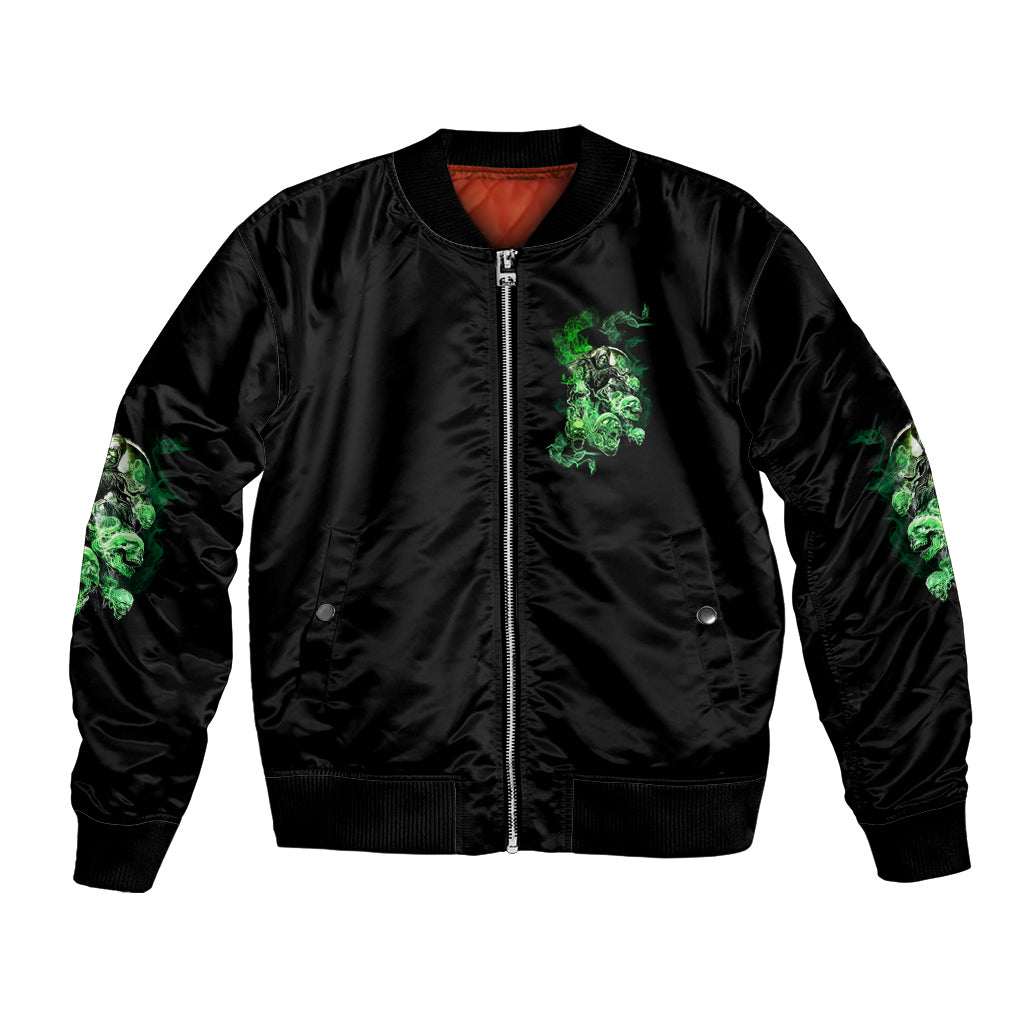 Black bomber jacket with front zipper, green skull emblem, and green sleeve print