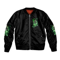 Black bomber jacket with front zipper, green skull emblem, and green sleeve print