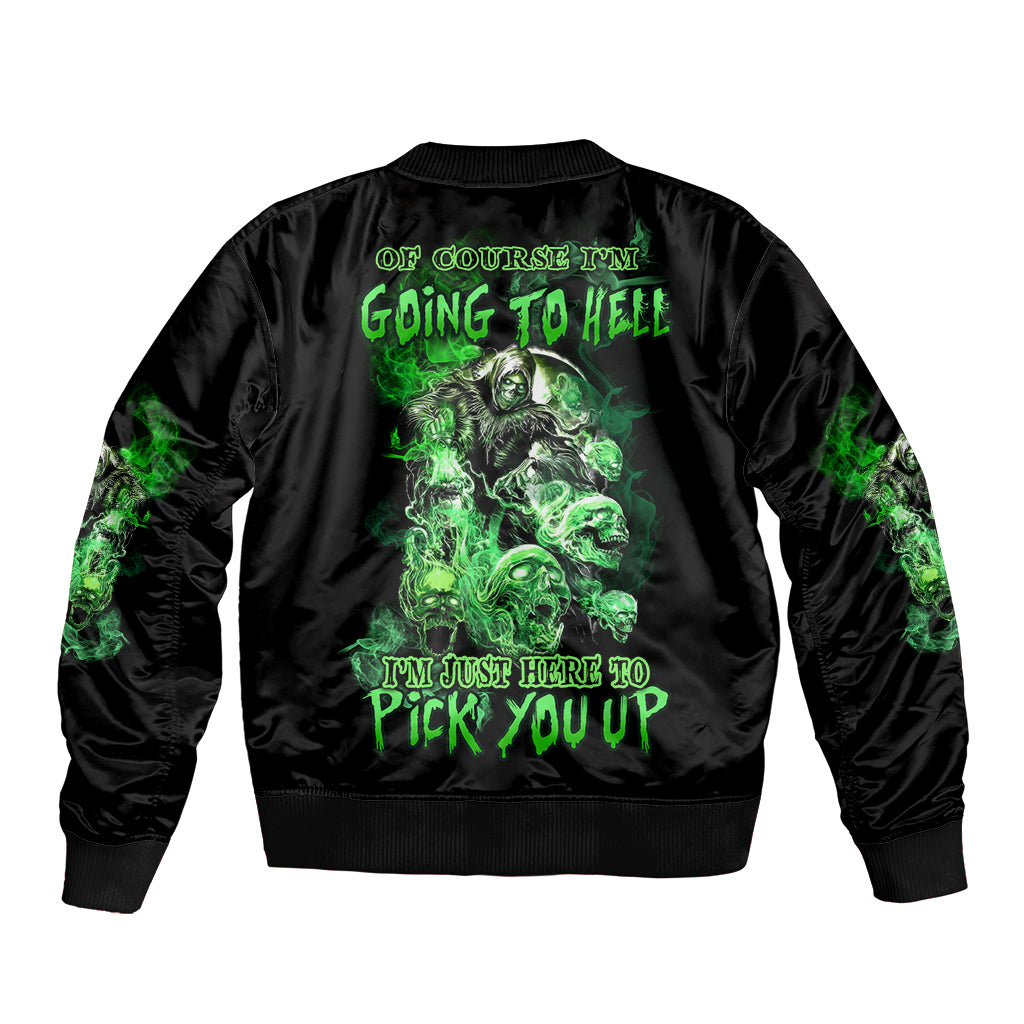 Black unisex bomber jacket with green skull graphic on back and ribbed hem