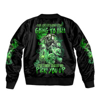 Black unisex bomber jacket with green skull graphic on back and ribbed hem