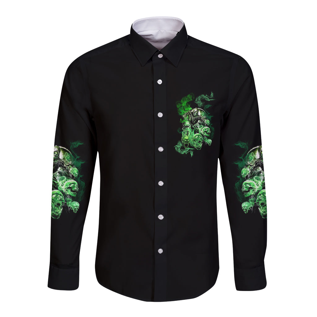 Black long sleeve button shirt with green skull chest graphic and matching sleeve prints
