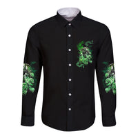 Black long sleeve button shirt with green skull chest graphic and matching sleeve prints