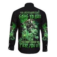 Black long sleeve button shirt with green skull graphic and smoke accents on back