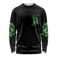 Black long-sleeve skull shirt with green smoke graphic on chest and sleeves