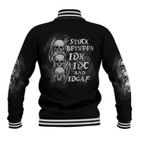 Black baseball jacket with skull reaper graphic on back and striped ribbed collar
