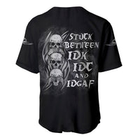 Black baseball jersey with V-neck and button front; skull reaper graphic on back