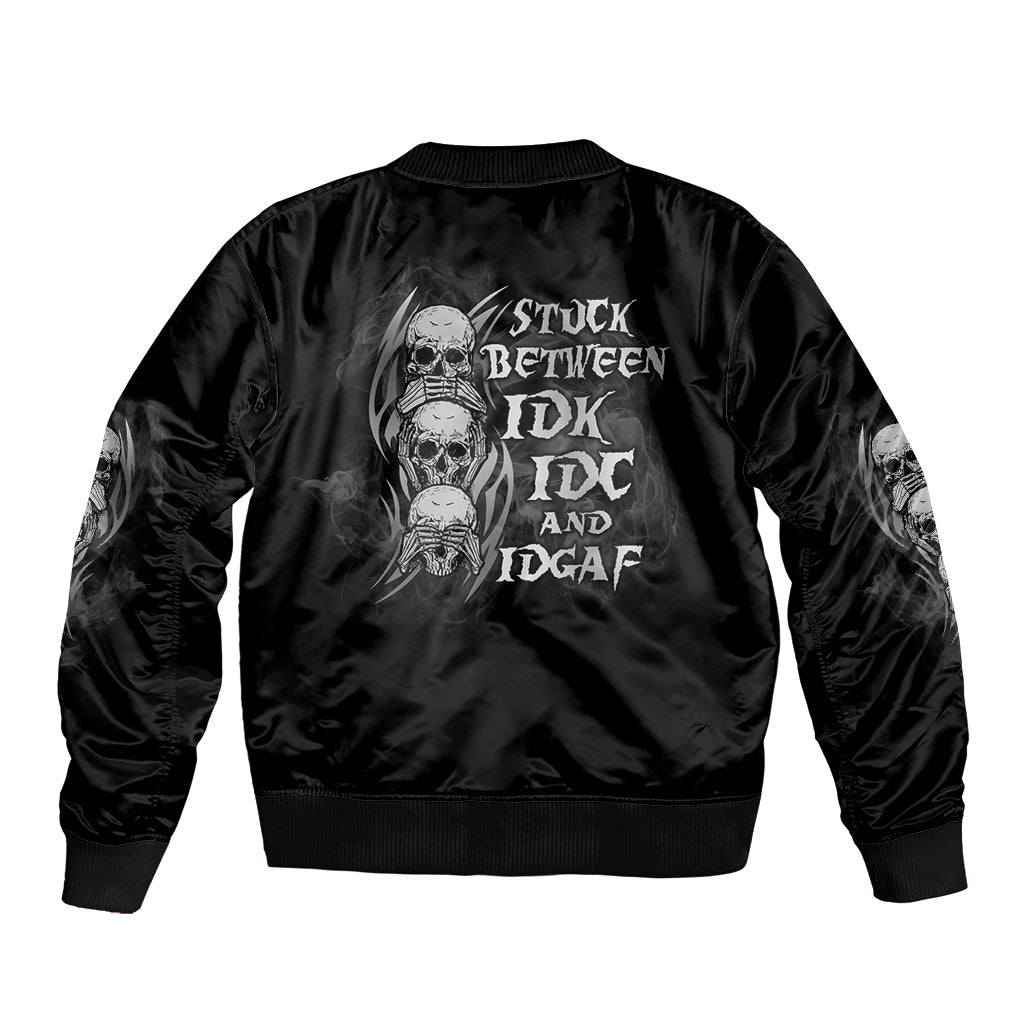 Black satin bomber jacket with large back skull graphic and ribbed hem cuffs