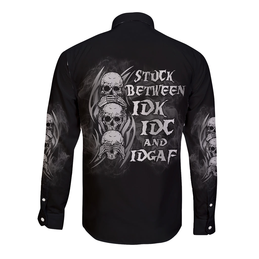 Black long-sleeve button shirt with skull reaper graphic on back