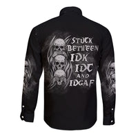 Black long-sleeve button shirt with skull reaper graphic on back
