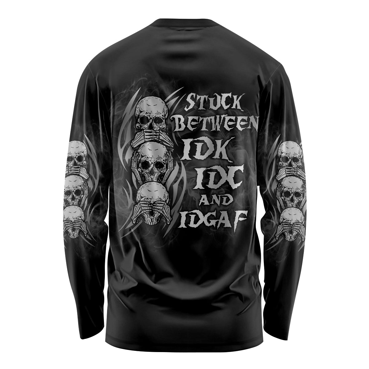 Black long-sleeve shirt with stacked skull graphic and distressed text on back