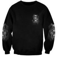 Black sweatshirt with small reaper skull chest print and skeleton graphics on sleeves