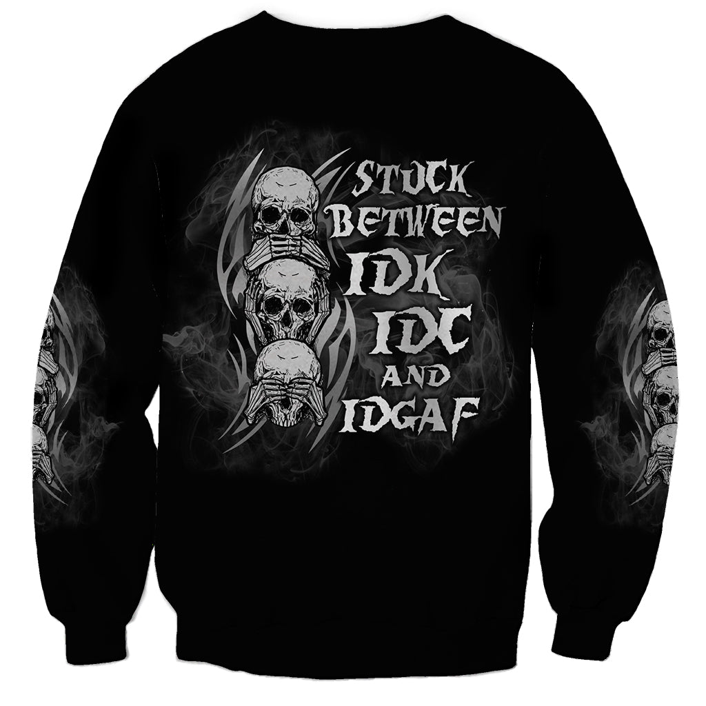 Black sweatshirt with large reaper skull graphic and gothic text on the front
