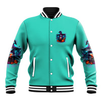 Teal Halloween baseball jacket with button front, multicolor witch graphic and striped collar/cuffs