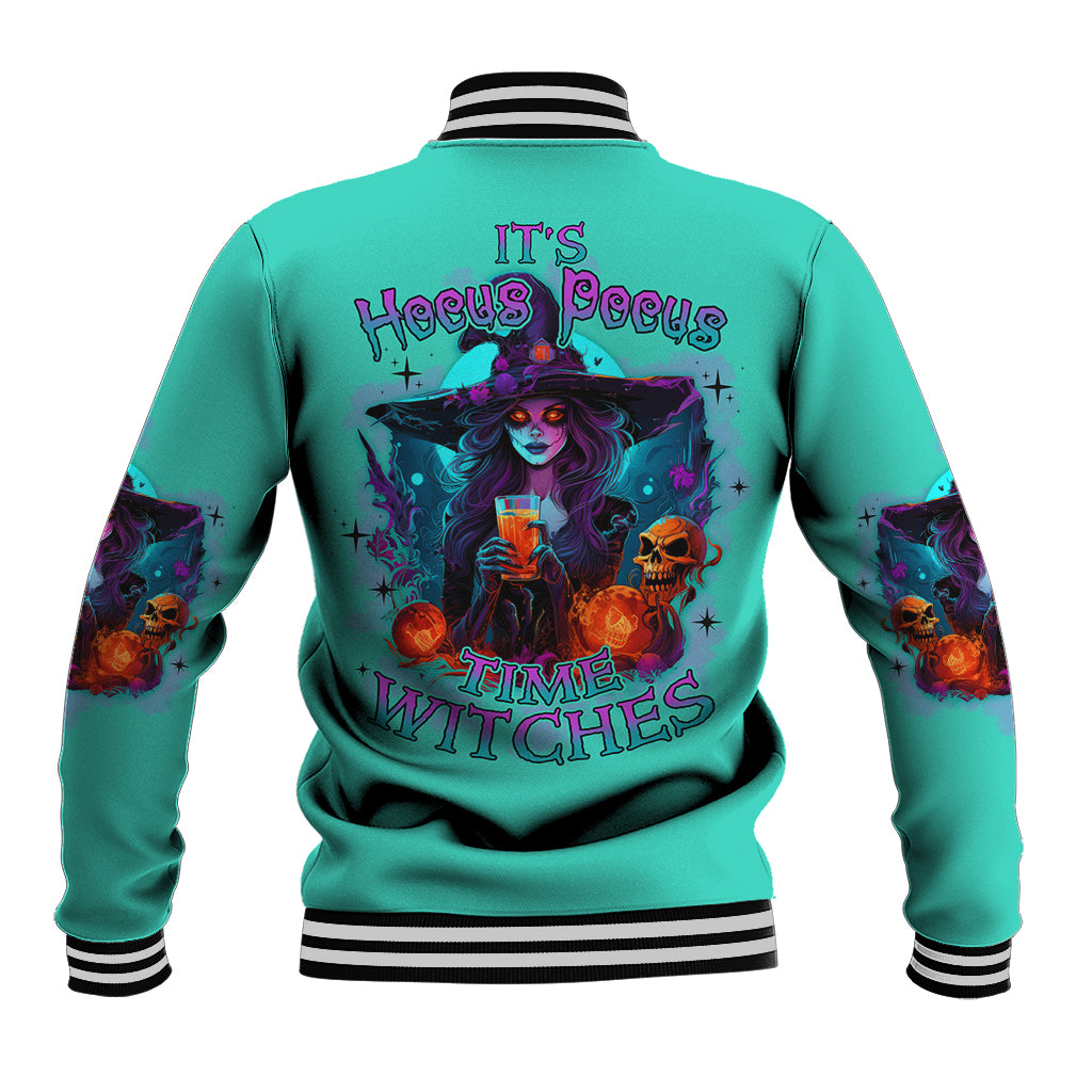 Teal Halloween baseball jacket with multicolor witch graphic, striped rib collar and cuffs
