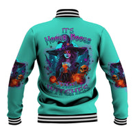 Teal Halloween baseball jacket with multicolor witch graphic, striped rib collar and cuffs