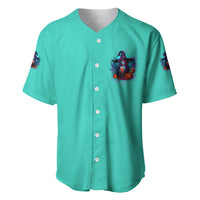 Teal baseball button-up jersey with small witch chest graphic