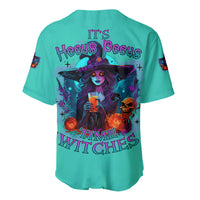 Teal baseball jersey with witch graphic on back and multicolor text design