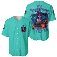 Teal baseball jersey set showing front button placket and back witch text print